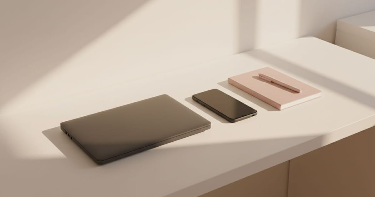 A closed laptop and a phone with dark blank screens on a clean pale desk in morning light.