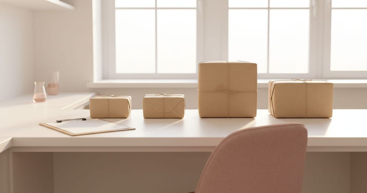 Plain sealed parcels squared up on a bright laboratory receiving counter beside a clipboard.