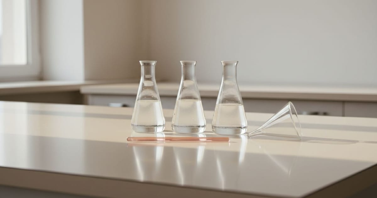 Three clear volumetric flasks of water with a glass funnel and a rose stirring rod on a bright bench.