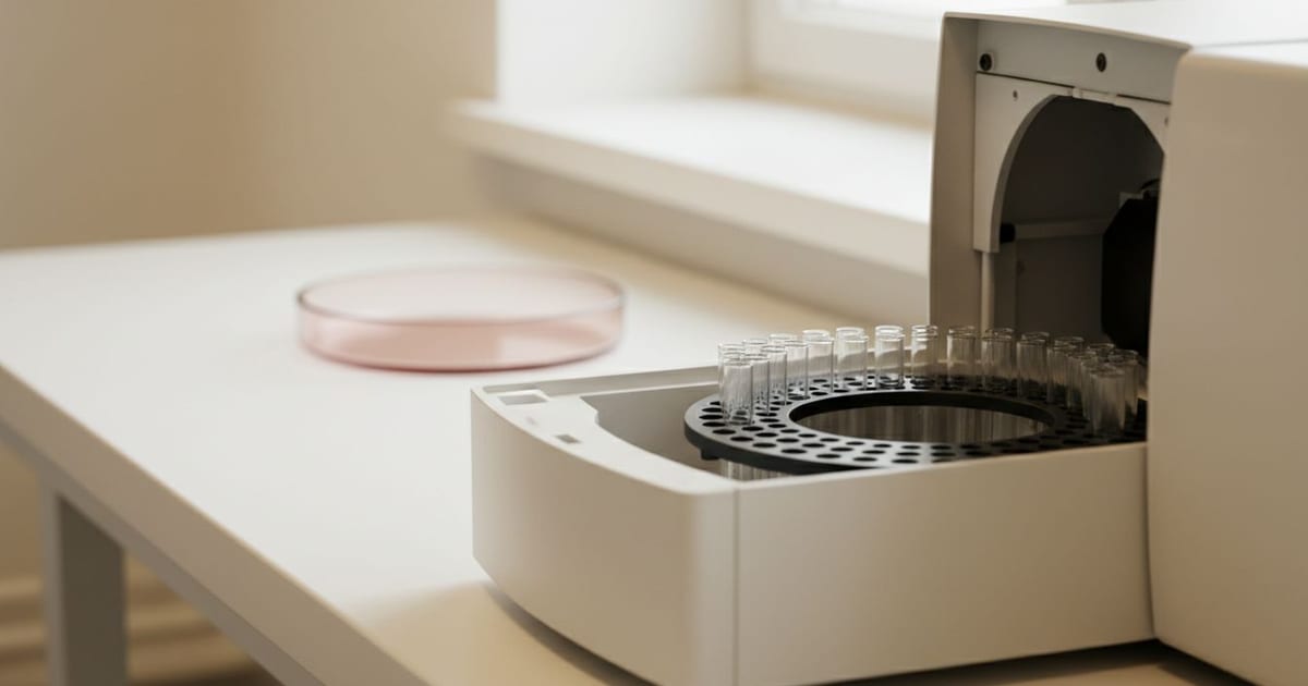 An open autosampler carousel holding a rank of small plain glass sample tubes on a white bench.