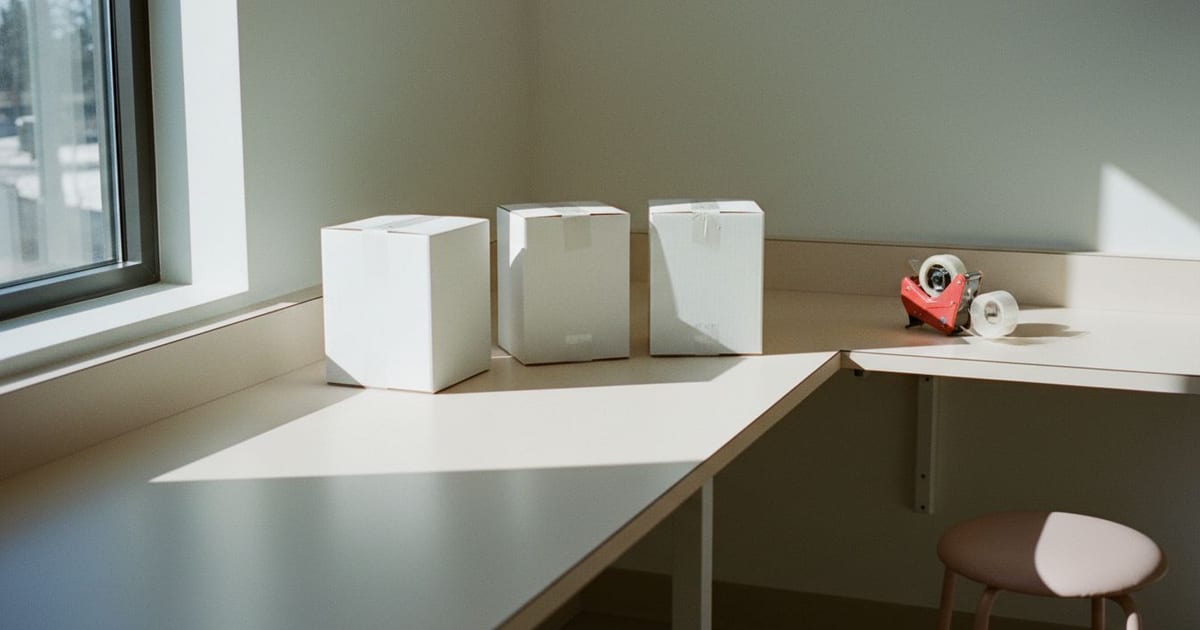 Plain sealed white cartons and a tape gun on a bright dispatch bench, winter light from a tall window.