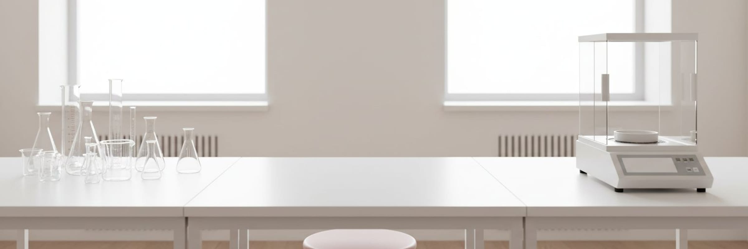 A long white laboratory bench with an analytical balance at one end and clean glassware at the other.