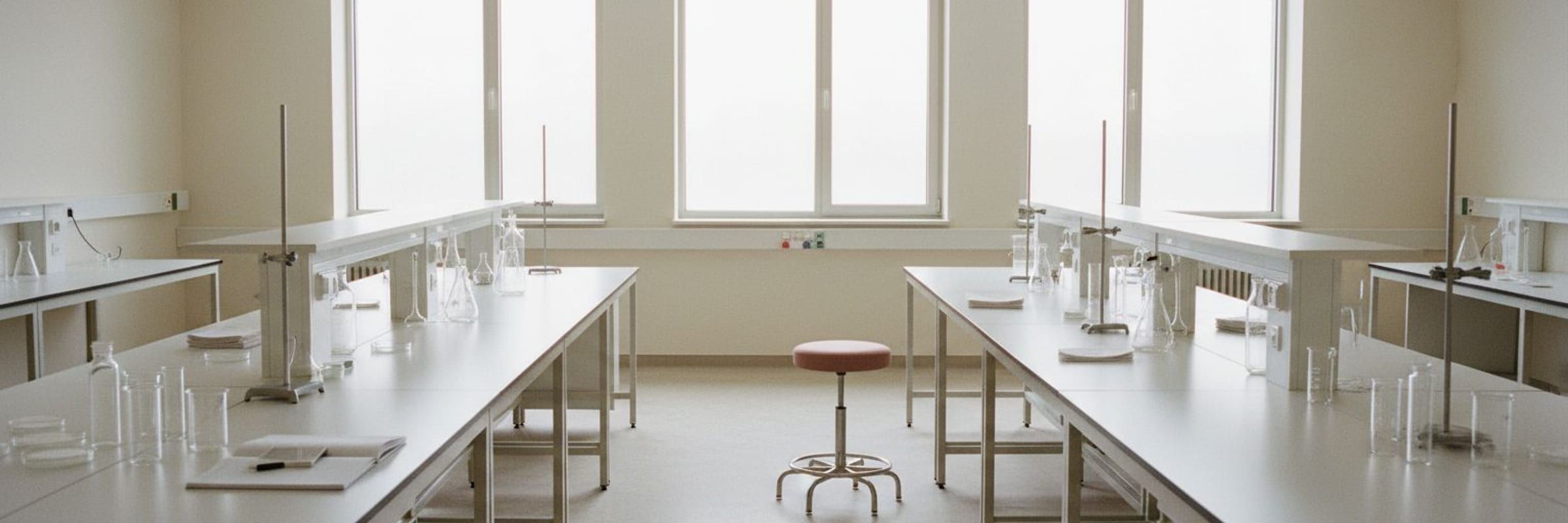 A bright empty teaching laboratory with white benches running toward tall windows in winter light.