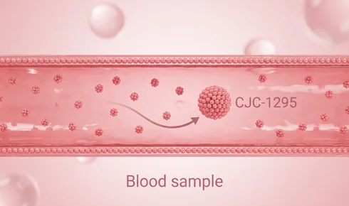 Stylized illustration of the inside of a beaded vessel with small beaded molecules spread evenly through the plasma, tagged Blood sample, with a larger beaded molecule labelled CJC-1295 travelling along a curved arrow.