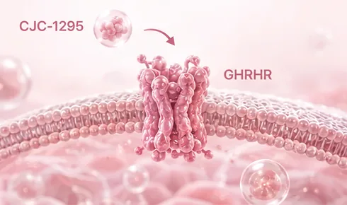 Stylized illustration of the GHRH receptor threaded through a curved beaded cell membrane, tagged GHRHR, with a rounded molecule labelled CJC-1295 approaching it along a curved arrow.