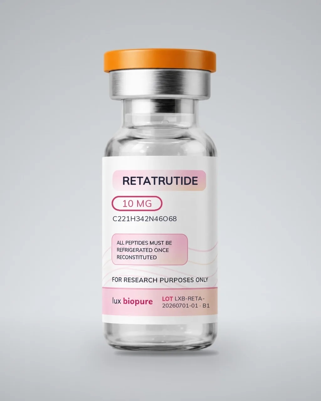 Retatrutide 10mg research peptide vial, Lux BioPure research supplies