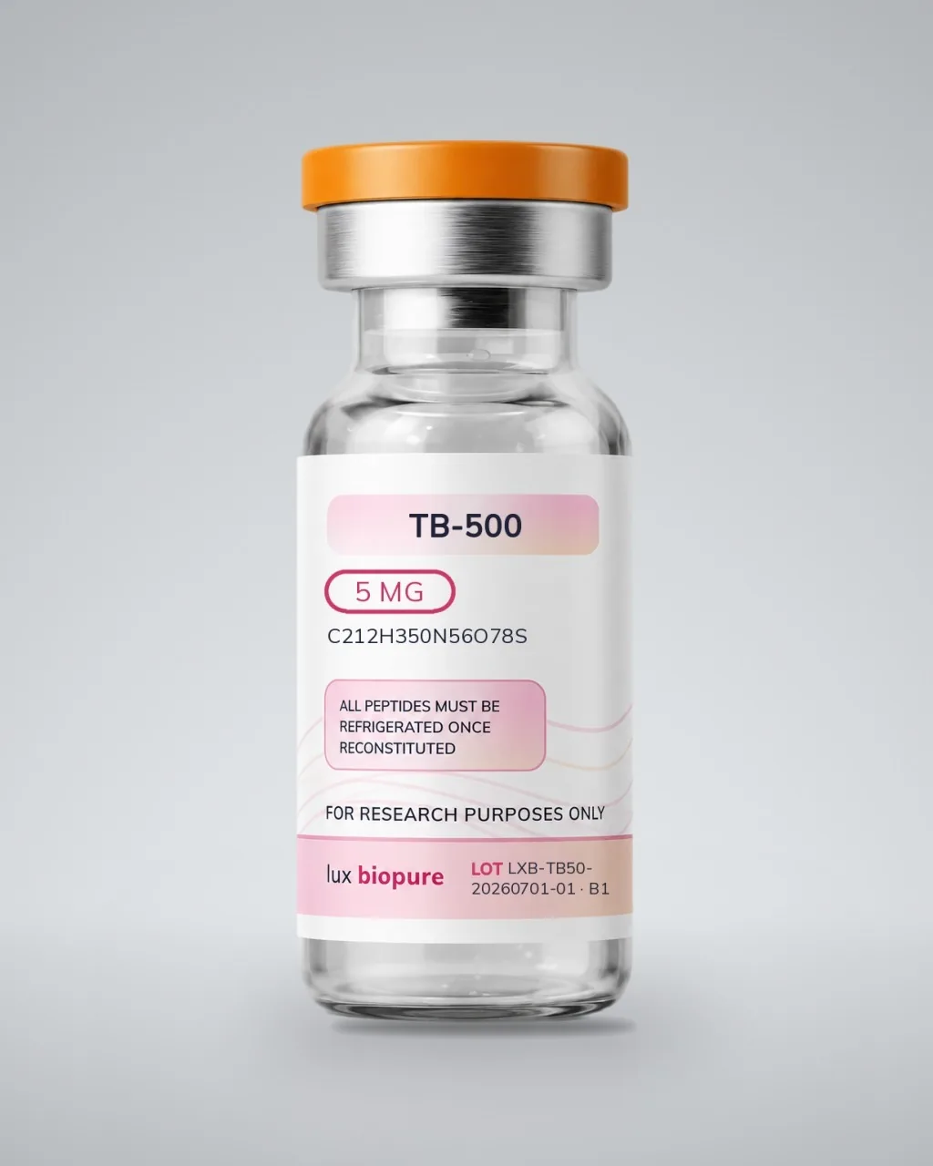 TB-500 vial standing upright on a plain pale grey ground, label facing forward