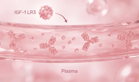 Stylized illustration of the inside of a vessel with several Y-shaped carrier proteins drifting in it and small round molecules between them, tagged Plasma, with a beaded round molecule labelled IGF-1 LR3 arriving along a curved arrow.