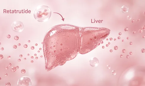 Stylized illustration of a soft liver silhouette with small round fuel droplets streaming out of it into the space around it, tagged Liver, with a rounded molecule labelled Retatrutide arriving along a curved arrow.