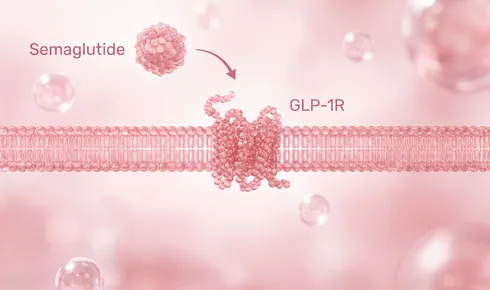 Stylized illustration of the GLP-1 receptor threaded through a cell membrane, with a rounded molecule labelled Semaglutide approaching it along a curved arrow, and the receptor itself tagged GLP-1R.