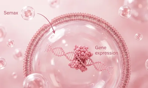 Stylized illustration of a twisted strand of DNA inside a round cell, with a knobbly protein clasped around it, tagged Gene expression, and a rounded molecule labelled Semax approaching along a curved arrow.