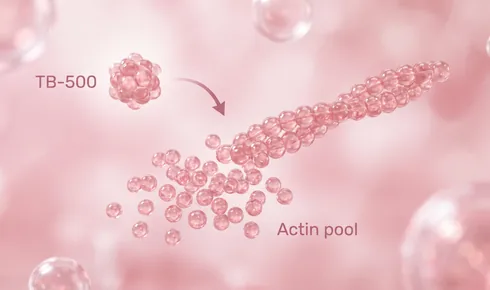 Stylized illustration of a loose pool of small beaded units beside one longer beaded filament, tagged Actin pool, with a beaded round molecule labelled TB-500 arriving along a curved arrow.