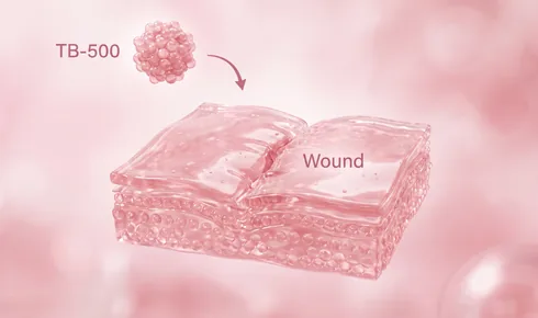 Stylized illustration of a patch of layered skin with a line running down the middle of it, tagged Wound, with a beaded round molecule labelled TB-500 arriving along a curved arrow.